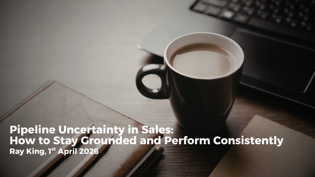 Calm workspace with notebook and coffee representing focus and control in sales