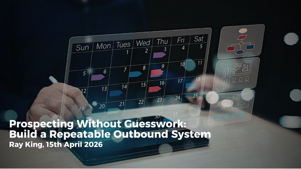 Salesperson following a structured outbound prospecting checklist at desk.