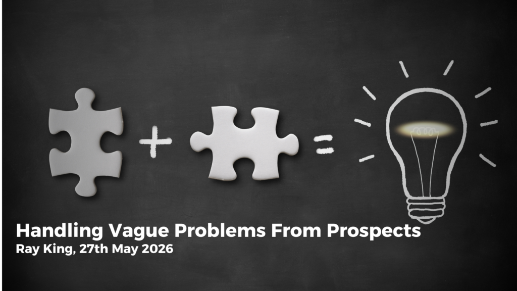 Handling Vague Problems From Prospects Illustration representing handling vague problems from prospects, showing puzzle pieces connecting to a lightbulb idea in a sales discovery process.