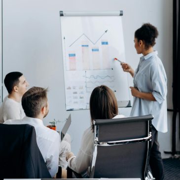 Business team in meeting with presenter discussing charts on a flip board.